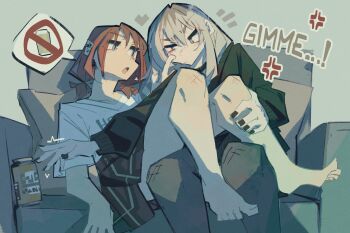 2girls barefoot beer_can black_nails black_pantyhose black_sweater brown_hair can censored cheek_pull commentary couch drink_can ear_piercing english_commentary girls_band_cry grey_hair highres iseri_nina kawaragi_momoka long_hair low_twintails mosaic_censoring multiple_girls pantyhose piercing shirt short_hair short_twintails sitting sweater togekk0 twintails white_shirt yuri