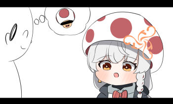 1boy 1girl :d bar_censor black_coat black_shirt blue_archive blush bow bowtie braid braided_sidelock brown_eyes censored censored_identity coat collared_shirt commentary_request cosplay doodle_sensei_(blue_archive) earrings eri_(blue_archive) hair_between_eyes halo hat highres hood hooded_coat jewelry korean_commentary long_hair long_sleeves looking_at_another mario_(series) multicolored_hair nintendo open_clothes open_coat open_mouth orange_halo red_bow red_bowtie sabnak66 school_uniform sensei_(blue_archive) shirt sidelocks single_braid smile speech_bubble spoken_character streaked_hair striped_bow striped_bowtie striped_clothes thought_bubble toad_(mario) toad_(mario)_(cosplay) turtleneck turtleneck_shirt two-tone_hair upper_body white_hair white_shirt