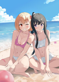 2girls absurdres beach bikini black_hair blonde_hair breasts cleavage cloud cloudy_sky collarbone frilled_bikini frills hair_over_one_eye highres indian_style inoue_takina kilam long_hair looking_at_another lycoris_recoil medium_breasts medium_hair multiple_girls navel nishikigi_chisato ocean ponytail purple_eyes red_eyes sand sitting sky small_breasts stomach swimsuit very_long_hair