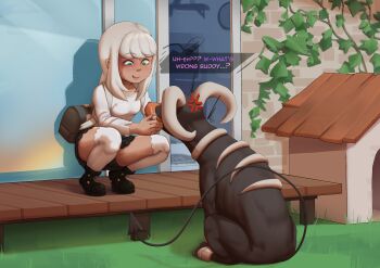 Rule 34 | 1boy, 1girl, absurdres, anger vein, angry, bag, blush, breasts, demon horns, demon tail, doghouse, english text, gen 2 pokemon, gloom (expression), grass, green eyes, highres, horns, houndoom, kevabwtf, long hair, looking at another, medium breasts, nintendo, open mouth, outdoors, pokemon, satchel, scared, sharp teeth, shoes, sitting, skirt, speech bubble, squatting, tail, teeth, thighhighs, upper teeth only, white hair, white thighhighs