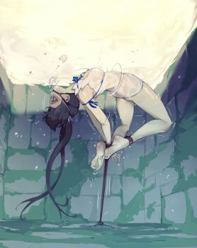 arms_behind_back asphyxiation barefoot black_hair blue_eyes bound bound_arms bound_legs breasts bubble dress drowning dungeon_ni_deai_wo_motomeru_no_wa_machigatteiru_darou_ka feet gag gagged hestia_(danmachi) highres large_breasts long_hair looking_to_the_side restrained ring_gag rou_(rou22) soles toes twintails underwater very_long_hair white_dress