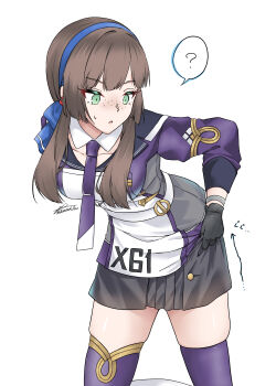 1girl ? absurdres black_gloves black_skirt blue_hairband blue_ribbon breasts brown_hair freckles gloves green_eyes hair_ribbon hairband highres jacket kantai_collection long_hair looking_at_viewer mogador_(kancolle) necktie nice_knee_socks_day purple_thighhighs ribbon shiratsuki_azu signature skirt solo thighhighs white_background