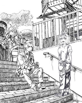 1boy 2girls ahoge bag bow breasts closed_mouth commentary go-toubun_no_hanayome greyscale hair_bow hair_ornament hatching_(texture) kabuno_(camphora) linear_hatching long_hair long_sleeves looking_at_another monochrome multiple_girls nakano_itsuki nakano_yotsuba open_mouth outdoors pants railing ribbon shirt shoes short_hair short_sleeves shoulder_bag sitting sitting_on_stairs small_breasts stairs standing star_(symbol) star_hair_ornament uesugi_fuutarou unfinished