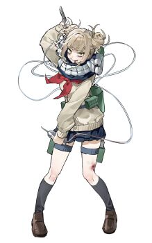 1girl ahha3_good bags_under_eyes black_socks blonde_hair blood blood_from_mouth blood_on_leg blue_sailor_collar blue_skirt blunt_bangs boku_no_hero_academia cardigan double_bun fangs full_body hair_bun hand_up highres holding holding_knife holding_weapon kneehighs knife loafers looking_at_viewer messy_hair neckerchief red_neckerchief sailor_collar shoes skirt slit_pupils socks solo toga_himiko weapon white_background yellow_cardigan yellow_eyes