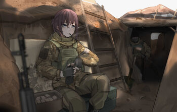 1girl 1other absurdres ak-74m ammunition ammunition_box ammunition_pouch armband assault_rifle bags_under_eyes beanie black_gloves blurry blurry_foreground boots branch breasts brown_boots bulletproof_vest camouflage camouflage_jacket closed_mouth combat_boots commentary day dirt english_commentary fingerless_gloves gloves green_pants grey_sky gun hair_between_eyes hat highres holding holding_magazine_(weapon) hood hooded_jacket iubworks jacket kalashnikov_rifle lace-up_boots ladder load_bearing_vest long_sleeves magazine_(weapon) mask medium_breasts military military_combat_uniform military_uniform original outdoors pants pouch purple_eyes reloading rifle rifle_cartridge shovel sidelocks sitting sky smoke smoking soldier trench war weapon