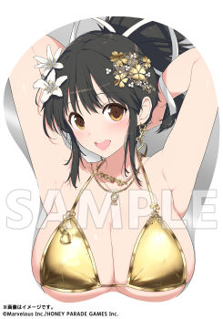 1girl armpits arms_up asuka_(senran_kagura) black_hair blush bra breast_mousepad breasts brown_eyes cleavage commentary_request earrings flower gold_bra gold_earrings gold_necklace hair_flower hair_ornament hair_ribbon highres jewelry large_breasts long_hair marvelous mousepad_(medium) necklace official_art open_mouth ponytail ribbon sample_watermark second-party_source senran_kagura single_earring smile teeth underwear upper_teeth_only watermark white_ribbon yaegashi_nan