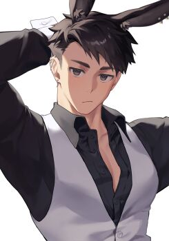 Rule 34 | 1boy, absurdres, animal ears, black eyes, black hair, black shirt, earrings, grey vest, highres, jewelry, kurobikari, looking at viewer, male focus, male playboy bunny, muscular, muscular male, original, partially open shirt, pectorals, rabbit ears, shirt, short hair, upper body, vest, wrist cuffs
