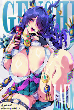 1girl absurdres aqua_skirt areola_slip bandaid bandaid_on_cheek bandaid_on_face between_breasts black_gloves black_shoes blue_eyes blue_nails blue_necktie breasts cameltoe cellphone colored_pubic_hair defaultz earrings female_pubic_hair fingerless_gloves fingernails flip_phone genshin_impact gloves gold_choker gyaru hair_over_one_eye highres holding holding_phone horn_ornament horns jewelry large_breasts lauma_(genshin_impact) long_hair loose_socks necktie necktie_between_breasts open_mouth patreon_username phone piercing pleated_skirt pointy_ears pubic_hair purple_hair purple_pubic_hair ring sharp_fingernails shoes skirt smile socks solo sweat thighs tongue tongue_piercing twitter_username white_socks