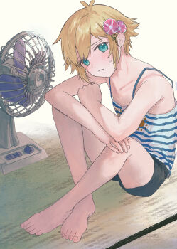 1boy barefoot basil_(faraway)_(omori) basil_(omori) blonde_hair commentary commentary_request english_commentary feet fingernails flower hair_between_eyes hair_flower hair_ornament highres kanaraki legs looking_at_viewer male_focus mixed-language_commentary omori pink_flower sidelocks solo tank_top toenails toes