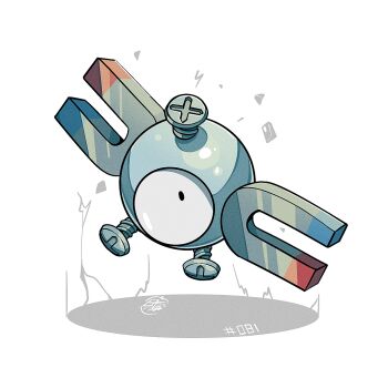 full_body gen_1_pokemon looking_at_viewer magnemite magnet mistray-art nintendo no_humans pokemon pokemon_(creature) screw signature simple_background solo white_background