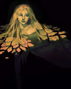 1girl absurdres black_background black_eyes blonde_hair commentary english_commentary expressionless floating highres leaf long_hair looking_to_the_side mermaid monster_girl nude original painterly partially_submerged plant_hair ripples simple_background solo sparkling_eyes twulfs