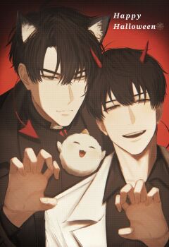 0juhcd 2boys animal animal_ears biyoo_(omniscient_reader&#039;s_viewpoint) black_coat black_eyes black_hair black_shirt camera_flash cat_ears claw_pose coat collared_shirt commentary curtained_hair demon_horns demon_tail english_text grin hair_between_eyes happy_halloween highres horns kemonomimi_mode kim_dokja looking_at_viewer male_focus multiple_boys omniscient_reader&#039;s_viewpoint shirt short_hair smile symbol-only_commentary tail unamused upper_body white_coat yoo_joonghyuk