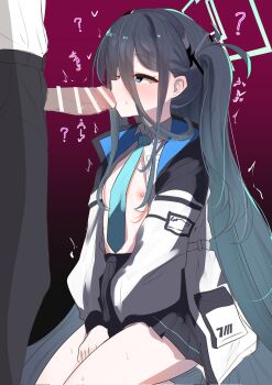 1boy 1girl ? absurdly_long_hair aris_(blue_archive) black_hair black_pants black_skirt blue_archive blue_eyes blue_halo breasts censored collared_shirt fellatio hair_between_eyes halo highres hypnosis jacket kneeling loli long_hair mind_control nipples no_bra open_clothes open_jacket open_shirt oral pants pleated_skirt shirt skirt small_breasts sweatdrop teik0p very_long_hair white_jacket white_shirt