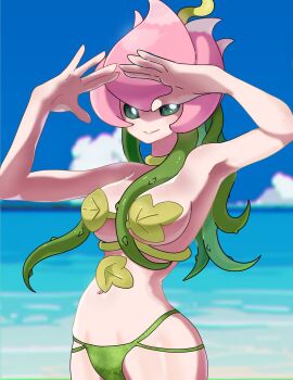 Rule 34 | 1girl, alternate costume, armpits, bare shoulders, beach, bikini, blue sky, breasts, cloud, cowboy shot, daniel uribe, digimon, digimon (creature), digimon adventure, green bikini, green eyes, hair vines, hands up, highres, horizon, large breasts, leaf, leaf bikini, light blush, lilimon, looking at viewer, monster girl, navel, ocean, plant girl, plant hair, sky, smile, solo, strapless, strapless bikini, swimsuit, water