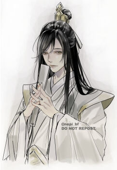 Rule 34 | 1boy, bishounen, black hair, chinese clothes, closed mouth, commentary request, folded fan, folding fan, half updo, hand fan, hanfu, highres, holding, holding fan, long hair, long sleeves, looking at viewer, male focus, modao zushi, nie huaisang, own hands together, robe, simple background, solo, topknot, twitter username, upper body, white background, wide sleeves, xiao guan (headdress), yellow eyes, ykmr (haga)