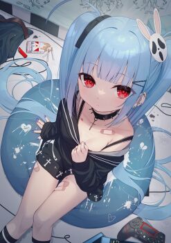 1girl absurdres bandaid bandaid_on_leg black_bow black_shirt black_socks blue_hair blue_nails blunt_bangs blush bow brand_name_imitation cigarette cigarette_pack closed_mouth collarbone commentary_request controller ear_piercing feet_out_of_frame from_above game_controller ghostface hair_bow hair_ornament hairclip highres knees_together_feet_apart lighter long_hair long_sleeves looking_at_viewer looking_up marlboro nail_polish off_shoulder original piercing pulling_own_clothes rabbit_hair_ornament red_eyes scream_(movie) shirt sitting sleeves_past_wrists socks solo tsukiman twintails very_long_hair