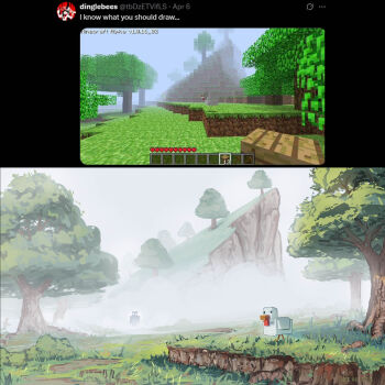 Rule 34 | benii21, chicken (minecraft), cliff, commentary, english commentary, fog, grass, herobrine, highres, minecraft, outdoors, reference inset, silhouette, tree