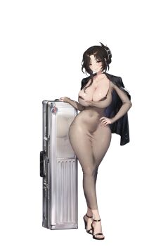 Rule 34 | 1girl, ass, black bra, blush, bra, bra peek, bra strap, breasts, brown dust (series), brown dust 2, brown eyes, brown hair, claw hair clip, cleavage, covered groin, covered navel, curtained hair, diana (brown dust), diana (magical innovator) (brown dust), dongtan dress, dress, grey dress, hair bun, hair ornament, hairclip, high heel sandals, high heels, highres, jacket, jacket on shoulders, jewelry, large breasts, mole, mole under mouth, necklace, official art, pink nails, reflection, roulette, sandals, second-party source, single hair bun, skin tight, sleeves past wrists, solo, suitcase, taut clothes, taut dress, tight clothes, tight dress, transparent background, underwear, wide hips