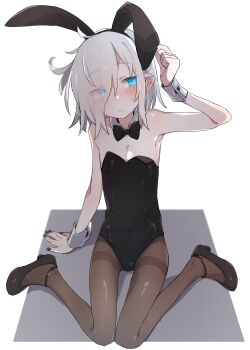 1girl absurdres animal_ears arm_support arm_up armpit_crease armpits azuma_shino bare_arms bare_shoulders black_bow black_bowtie black_leotard black_shoes blue_eyes blue_nails blush bow bowtie brown_pantyhose closed_mouth collarbone covered_navel detached_collar emaciated eyes_visible_through_hair fake_animal_ears fingernails flat_chest frown full_body furrowed_brow hair_over_one_eye head_tilt highres leotard medium_hair multicolored_nails nail_polish nowareno_(azuma_shino) original pantyhose playboy_bunny pointy_ears rabbit_ears shiny_skin shoes sideways_glance simple_background sitting solo strapless strapless_leotard sweat sweatdrop thigh_gap thighband_pantyhose two-tone_nails wariza white_background white_hair wrist_cuffs