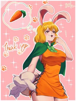 1girl blonde_hair bob_cut breasts brown_eyes capelet carrot carrot_(one_piece) commentary_request cowboy_shot cross-laced_clothes cross-laced_dress dress eyelashes green_capelet highres one_piece orange_dress pink_background rabbit_girl saliva signature smile solo sparkle thank_you yorumesi_j