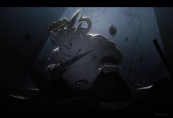 1boy arm_blade cleft_chin commentary dark english_commentary family_guy grin jujutsu_kaisen kowai_(iamkowai) letterboxed mahoraga_(jujutsu_kaisen) parody smile solo twitter_username weapon