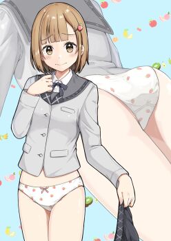 Rule 34 | 1girl, absurdres, ass, blue background, blunt ends, blush, bow, bow panties, breasts, brown eyes, brown hair, buttons, closed mouth, collared shirt, commentary request, commission, cowboy shot, crotch seam, dress shirt, embarrassed, food-themed hair ornament, food print, fruit background, fruit print, grey jacket, grey ribbon, grey sailor collar, grey skirt, hair ornament, hand up, highres, holding, holding unworn clothes, holding unworn skirt, jacket, large variant set, long sleeves, looking at viewer, medium hair, multiple views, neck ribbon, negimiso1989, no pants, original, panties, pixiv commission, pleated skirt, print panties, raised inner eyebrows, red bow, red ribbon, ribbon, sailor collar, school uniform, serafuku, shirt, skirt, small breasts, standing, strawberry hair ornament, strawberry panties, strawberry print, underwear, unworn skirt, variant set, white panties, white shirt, zoom layer