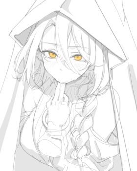 1girl blush braid breasts genderswap genderswap_(mtf) girls&#039;_frontline girls&#039;_frontline_neural_cloud hand_grab hand_on_wrist hood large_breasts long_hair looking_at_viewer lord_eosphoros_(neural_cloud) saliva saliva_trail sketch spoilers spot_color sucking_finger yellow_eyes