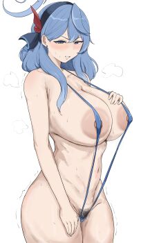 1girl absurdres ako_(blue_archive) blue_archive blue_hair blue_halo blue_slingshot_swimsuit blush breasts commentary_request covered_erect_nipples female_pubic_hair halo hand_on_own_chest hand_on_own_thigh highres large_areolae large_breasts mokuhon navel pubic_hair slingshot_swimsuit solo strap_gap swimsuit trembling