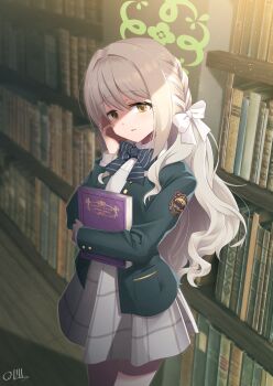 1girl absurdres black_bow blue_archive book bookshelf bow braid collared_shirt commentary_request commission diagonal-striped_bow dress_shirt green_jacket grey_hair grey_skirt hair_between_eyes hair_bow hair_intakes halo highres hugging_object indoors jacket long_hair long_sleeves miyo_(blue_archive) okiru open_clothes open_jacket parted_lips pixiv_commission school_uniform shirt signature skirt sleeves_past_wrists solo striped_bow very_long_hair white_bow white_shirt yellow_eyes