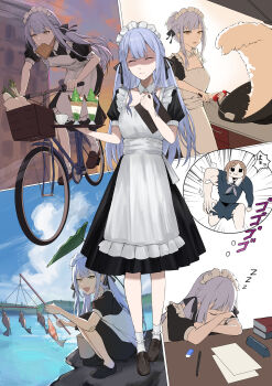 2girls absurdres anger_vein bang_dream! bang_dream!_it's_mygo!!!!! bicycle black_dress black_ribbon black_shoes blue_skirt bread bread_slice brown_shoes bucket closed_eyes closed_mouth commentary crocs dress english_commentary fishing food food_in_mouth fried_rice_prank_(meme) hair_bun hair_ribbon haizou_bingsan highres holding holding_tray loafers long_sleeves looking_at_viewer maid maid_headdress meme menacing_(jojo) mouth_hold multiple_girls nagasaki_soyo nervous_sweating parody_request puffy_short_sleeves puffy_sleeves ribbon school_uniform shoes short_sleeves single_hair_bun skirt sleeping socks solo squatting sweat toast toast_in_mouth togawa_sakiko tray tsukinomori_school_uniform white_socks yellow_eyes zzz