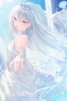 1girl :d absurdres bare_shoulders blue_eyes blue_nails blush bridal_veil choker detached_sleeves dress from_side grey_hair highres jellyfish jewelry long_hair long_sleeves looking_at_viewer looking_to_the_side nail_polish open_mouth original outstretched_hand pillar ring smile solo strapless strapless_dress tiara veil very_long_hair water wedding_dress wedding_ring white_choker white_dress yuzuno_kaori