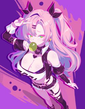 1girl absurdres arm_up bare_shoulders black_jacket black_ribbon black_shorts black_thighhighs blowing_bubble_gum blush breasts chewing_gum cleavage commentary commentary_request cropped_shirt detached_sleeves earrings english_commentary feet_out_of_frame from_above green_eyes hair_ornament hair_ribbon hairclip heart heart_earrings heart_necklace highres jacket jewelry kurimako large_breasts long_hair looking_at_viewer mixed-language_commentary mole mole_on_breast mole_under_eye necklace nicole_demara open_clothes open_jacket parallel_hairclips parted_bangs pink_background pink_hair purple_background ribbon shirt short_shorts shorts single_thighhigh sleeveless sleeveless_jacket solo standing thighhighs torn_clothes torn_thighhighs two-tone_background two_side_up v v_over_head white_shirt zenless_zone_zero