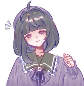 1girl alternate_costume black_hair bob_cut closed_mouth commentary dress english_commentary gwynn_(pokemon) long_sleeves looking_at_viewer mixed-language_commentary mokou_(minmofu) nintendo pokemon pokemon_legends:_z-a puffy_sleeves purple_eyes short_hair sleeves_past_wrists solo upper_body white_background