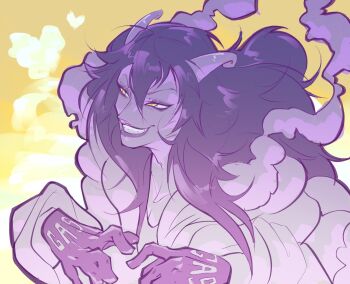 1boy black_gloves black_hair caesar_clown eyeshadow flap_sticks gloves grin highres horns jacket limited_palette long_hair looking_to_the_side makeup male_focus one_piece pale_skin purple_eyeshadow purple_lips simple_background smile solo white_jacket yellow_background yellow_eyes