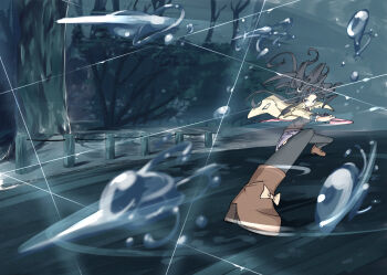 1girl black_hair black_thighhighs boots bow brown_boots brown_vest commentary fighting_stance floating_clothes floating_hair footwear_bow forehead foreshortening full_body grey_skirt hair_ornament hairband highres holding holding_umbrella hydrokinesis jacket kikka_academy_school_uniform long_hair long_sleeves looking_at_viewer miniskirt necktie nijouin_hazuki nzuwaiganin outdoors pink_umbrella plaid_clothes plaid_skirt purple_eyes red_hairband red_necktie riddle_joker road school_uniform serious skirt solo standing tassel tassel_hair_ornament thighhighs tree umbrella vest water water_drop yellow_bow yellow_jacket