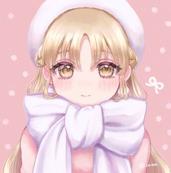 1girl absurdres beret blonde_hair braid brown_eyes closed_mouth commentary earrings enpera floral_background half_up_braid hat highres jewelry long_hair long_sleeves looking_at_viewer nijisanji official_alternate_costume parted_bangs pink_background pink_sweater pom_pom_(clothes) pom_pom_earrings sakurazawa_(sakuracandy123) scarf signature sister_claire sister_claire_(4th_costume) smile solo straight_hair sweater symbol-only_commentary upper_body virtual_youtuber white_hat wispy_bangs