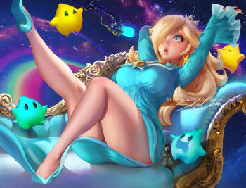Rule 34 | 1girl, blonde hair, high heels, long hair, luma (mario), mario (series), nintendo, rosalina, sakimichan, space, super mario galaxy