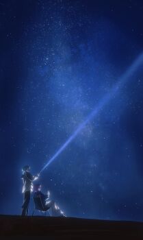 2girls absurdres bang_dream! bang_dream!_it's_mygo!!!!! black_pants blue_hair chinese_commentary commentary_request hero45439083942 highres long_sleeves medium_hair multiple_girls original outdoors pants purple_hair sitting sky standing star_(sky) starry_sky takamatsu_shizuku wakaba_muna white_pants wide_shot