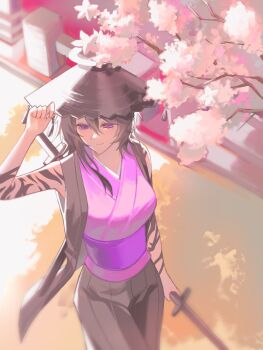 1girl arm_tattoo black_hair black_hat closed_mouth commentary_request conical_hat hat highres holding holding_sword holding_weapon il0v3m3d japanese_clothes korean_commentary martyr_(roblox) medium_hair outdoors purple_eyes roblox solo sword tattoo the_battle_bricks_(roblox) weapon