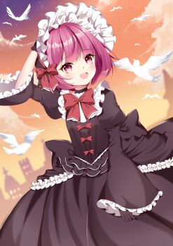 1girl :d bird black_bonnet black_dress black_gloves blush bonnet bow bowtie commentary dove dress dutch_angle fate/grand_order fate_(series) frilled_bonnet frilled_dress frills gloves hand_on_headwear helena_blavatsky_(fate) helena_blavatsky_(tour_outfit)_(fate) highres juliet_sleeves long_dress long_sleeves looking_afar looking_up mocha_qiaokeli_jiu_fen_tian open_mouth puffy_sleeves purple_eyes purple_hair red_bow red_bowtie short_hair smile solo sunset symbol-only_commentary victorian wide_sleeves wind