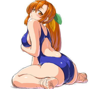 1girl 95-tan ass back bare_shoulders barefoot breasts brown_eyes brown_hair competition_swimsuit dd_(ijigendd) female_focus large_breasts long_hair looking_at_viewer looking_back one-piece_swimsuit os-tan sideboob simple_background sitting solo swimsuit wariza white_background