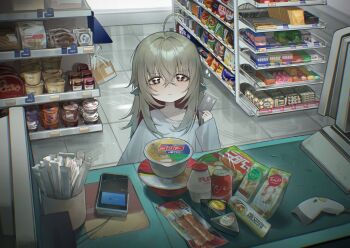 1girl absurdres ahoge bag_of_chips bags_under_eyes bowl cellphone chips_(food) closed_mouth commentary controller drink_carton food grey_eyes grey_hair groceries grocery_store hair_between_eyes highres holding indoors instant_cup_noodles instant_noodles k_hottok long_hair long_sleeves looking_at_viewer milk_carton original phone shirt sleeves_past_wrists smartphone solo tiles untranslatable_commentary upper_body