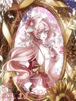 Rule 34 | 1girl, absurdres, alternate costume, back, dated, diamond-shaped pupils, diamond (shape), elf, elysia (hi love elf) (honkai impact), elysia (honkai impact), flower, hair ornament, highres, honkai (series), honkai impact 3rd, long hair, mirror, pink hair, pointy ears, purple eyes, reflection, smile, solo, sunflower, symbol-shaped pupils, very long hair, wrist cuffs, yu diandian