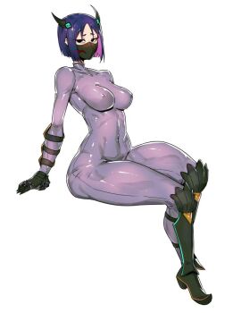 1girl armored_boots black_boots black_eyes black_gloves bodysuit boots breasts commentary_request covered_erect_nipples covered_navel fate/grand_order fate_(series) full_body gloves grey_bodysuit hair_ornament long_sleeves looking_at_viewer mask medium_breasts minew mouth_mask parted_bangs purple_hair short_hair sitting solo ushi_gozen_(fate)