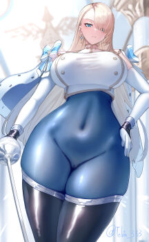 1girl absurdres bare_shoulders black_thighhighs blonde_hair blue_cape blue_eyes blush bodystocking breasts brown_dust_(series) brown_dust_2 cameltoe cape closed_mouth commentary_request covered_navel cropped_jacket elbow_gloves expressionless fur-trimmed_cape fur_trim gloves groin hair_between_eyes hair_over_one_eye hand_on_own_hip highres holding holding_sword holding_weapon jacket large_breasts long_hair looking_at_viewer palace partial_commentary rapier ribbon skindentation solo standing sword tebingo thighhighs thighs twitter_username very_long_hair weapon white_gloves white_jacket wide_hips wilhelmina_(brown_dust) wilhelmina_(iron_monarch)_(brown_dust)