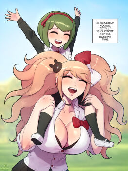 2girls :d arms_up black_bra black_skirt blush bow bra breasts cleavage commentary danganronpa:_trigger_happy_havoc danganronpa_(series) danganronpa_another_episode:_ultra_despair_girls dress english_commentary english_text enoshima_junko green_eyes green_hair hair_ornament hair_ribbon hairband happy highres large_breasts long_hair long_sleeves multiple_girls open_mouth rabbit_hair_ornament rampage_(leedash2) red_ribbon ribbon shirt short_hair skirt smile teeth towa_monaca twintails underwear upper_teeth_only white_shirt