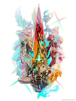 Rule 34 | aegis sword (xenoblade), arms behind back, blonde hair, brown gloves, brown hair, character request, commentary request, copyright notice, dress, gloves, highres, holding, holding sword, holding weapon, impossible clothes, long hair, mythra (xenoblade), nia (xenoblade), nopon, official art, poppi (xenoblade), pyra (xenoblade), red hair, rex (xenoblade), short dress, short hair, sword, tora (xenoblade 2), weapon, white background, white dress, xenoblade chronicles (series), xenoblade chronicles 2