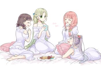 Rule 34 | 4girls, :d, alternate costume, alternate hairstyle, atelier (series), atelier lulua, barefoot, braid, brown hair, closed eyes, commentary request, cookie, cup, dress, elmerulia frixell, eva armster, food, frilled dress, frills, full body, green eyes, green hair, hair ornament, hands up, holding, holding cup, holding pillow, karasumi (aiseec), long hair, low twintails, lying, multiple girls, on side, open mouth, piana (atelier), pillow, pink hair, plate, ponytail, rorolina frixell, short hair, sitting, sleepover, sleepwear, smile, twintails, white dress