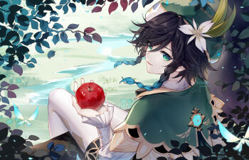 1boy absurdres black_hair braid braided_sidelocks branch bug butterfly capelet chenjiyan_y commentary_request flower genshin_impact gradient_hair green_capelet green_eyes green_hat hat highres insect light_particles looking_back male_focus multicolored_hair pantyhose parted_lips short_hair_with_long_locks signature sitting solo venti_(genshin_impact) white_flower white_pantyhose