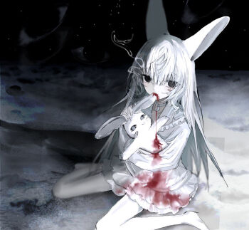 1girl animal_ears biting black_eyes blood blood_on_clothes blood_on_ground dress hayu_(hayu0305) long_hair looking_at_viewer lunar_surface original rabbit rabbit_ears sitting wariza white_dress white_hair